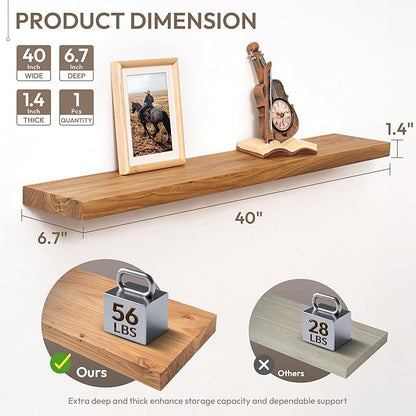 Marsmiles 40 inch Floating Shelves for Wall Solid Elm Wood Wall Mounted Shelves|Rustic Long Floating Shelves with Invisible Bracket for Bathroom Living Room Kitchen|Natural, 1 Pack