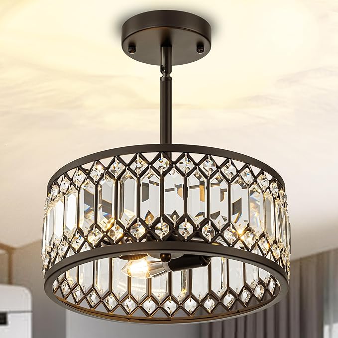 3-Light Crystal Ceiling Light, Black Semi Flush Mount Ceiling Lighting Fixture with Drum Shade, Dia 12" Lighting Fixtures for Hallway, Kitchen, Entryway, Bedroom, Laundry Room