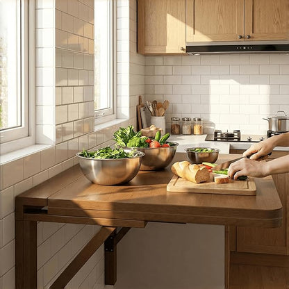 MM MELISEN Wall Mount Folding Table - 37x22 Inch, Walnut Versatile Table for Kitchen prep or Craft Studio. Solid Wood Surface Folds Flat. Perfect for Meal prep and Creative Projects