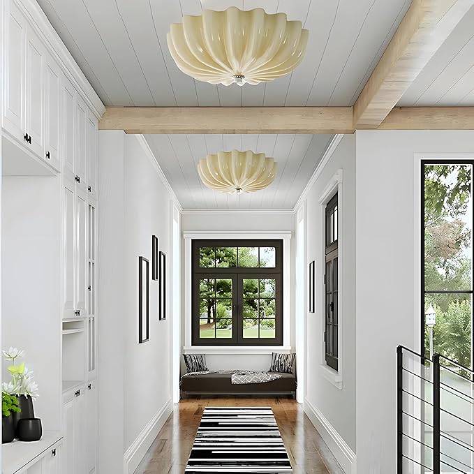 LED Flush Mount Vintage Yellow Glass Hallway Ceiling Lamp - Mid Century Overhead Light with Ribbed Glass Shade - Farmhouse Ceiling Light for Nursery, Kids Room, Bedroom, Bathroom