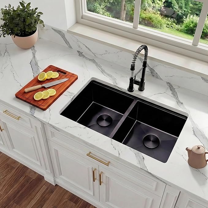 30 Inch Black Sink Undermount Double Bowl, 16 Gauge 50/50 Double Bowl Stainless Steel Workstation Sink, 30"x18"x10" Large and Deep Kitchen Sink With Accessories