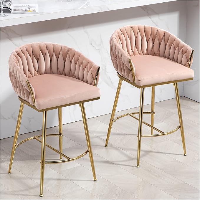 26'' Counter Height bar stools Set of 2 Kitchen Island Counter bar Stool with Hand- Wave Back, Golden Chromed Base and footrest,for Living Room