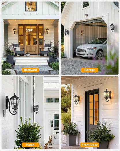 VIANIS Black Dusk to Dawn Outdoor Lighting, Vintage Outdoor Sconce Lights with Water Ripple Glass, 100% Aluminium Anti-Rust Waterproof Patio Wall Light Fixture, Outside Porch Lantern for House Garage