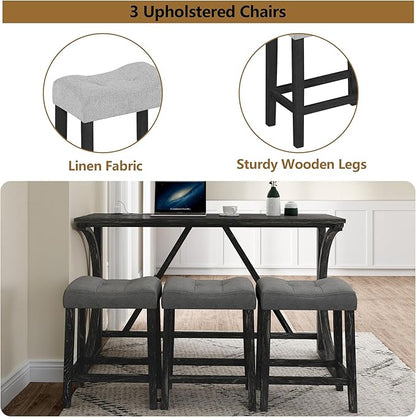 Betoko Counter Height Table and Chairs Set of 4, Breakfast Nook Bar Table with Outlet and Stools, Grey Black