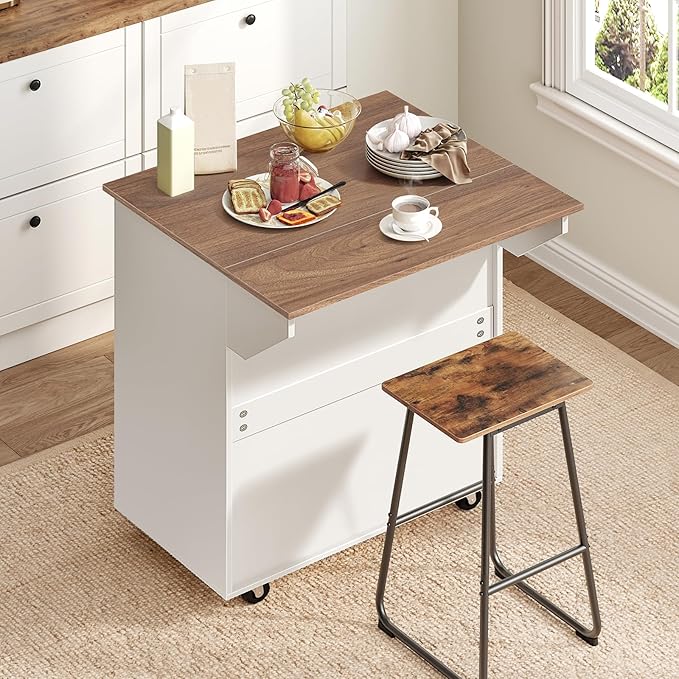 MAHANCRIS Kitchen Island on Wheels with Drop Leaf, Folding Countertop Kitchen Island Cart, Kitchen Island Table with Towel Rack, Drawer, for Kitchen, Dining Room, White and Walnut KIBZ12501
