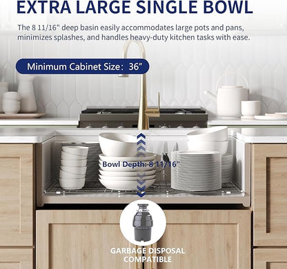 DeerValley 33" L x 20" W Farmhouse Workstation Kitchen Sink, Reversible Fireclay Deep Single Bowl Apron Front Kitchen Sink, White Undermount Farm Sink with Ledge and Accessories