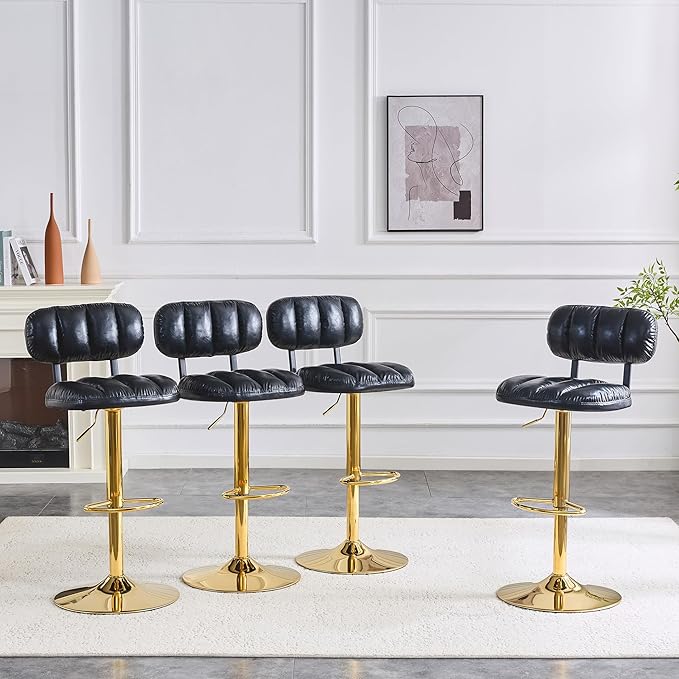 Set of 2 Bar Stools with Adjustable Height, Black PU Leather Upholstered Stools with Gold Metal Base Footrest for Kitchen Island, Home Bar, Game Room