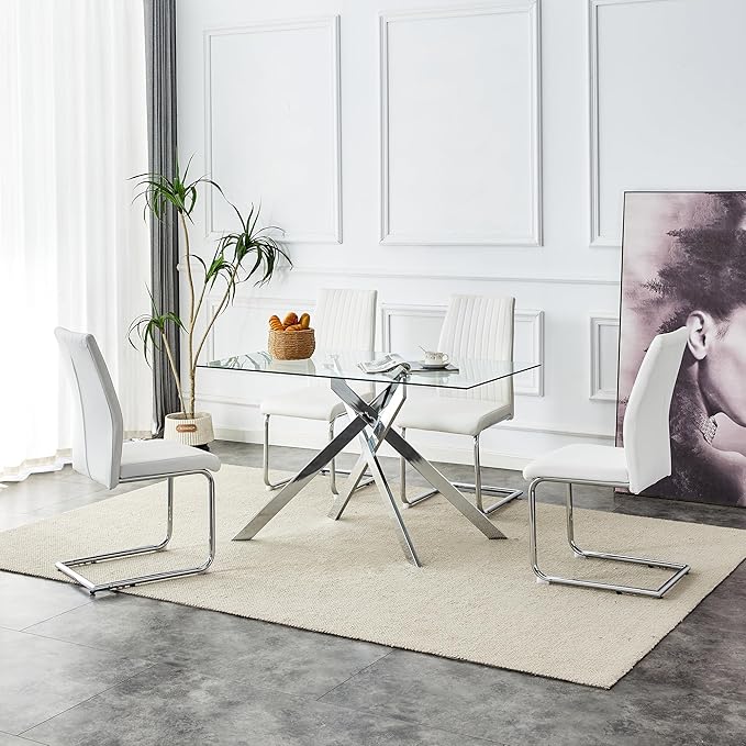 Dining Table with Tempered Glass Top, Modern Glass Dining Room Table Rectangle, Chrome Silver Geometric Metal Leg, Kitchen Table 51" L x 29.5" W x 30" H, Silver