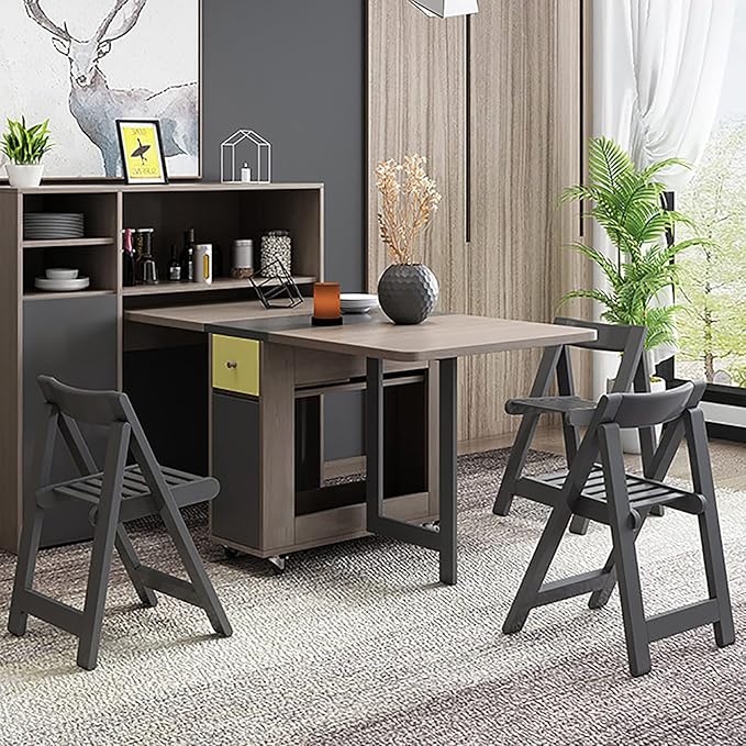 FUNROLUX Folding Dining Table with Storage Rack and 2 Drawers, Movable Kitchen Table Extendable Versatile Table Space Saving Foldable in 3 Forms (Grey)