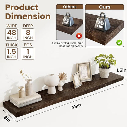 Acovy Extra Deep 48" Long Live Edge Rustic Floating Shelves for Wall, Solid Wood Wall Shelves with Invisible Bracket Mount for Living Room Bathroom Bedroom Kitchen, Set of 1, Natural