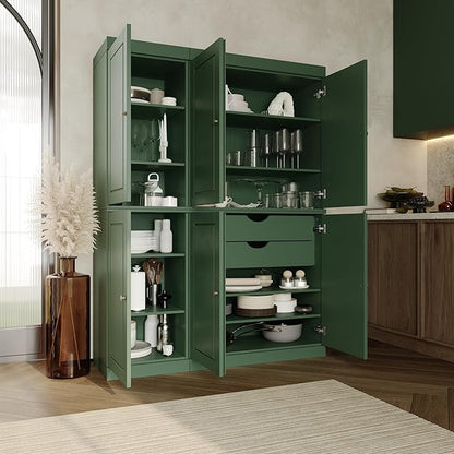 Palace Imports Solid Wood Kitchen Pantry Cabinet - 71.5" Tall x 48.5" Wide - Freestanding Storage Pantry w/ 2-Drawer Kit & Adjustable Shelves - Green, Renewable Eco-Friendly 100% Wood, Made in Brazil