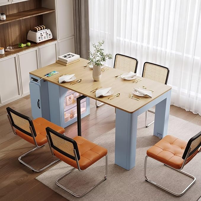 DRIXNO 15.6"-59"L Extendable Dining Table with 3 Removable Leaves, Rolling Kitchen Island Cart with Power Outlet & Storage Cabinet for Small Dining Room, Living Room, or Apartment(Grey-Blue, Natural)