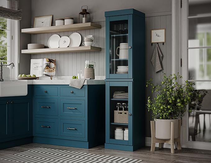 Palace Imports Solid Wood Kitchen Pantry Cabinet w/Glass Doors - Narrow Storage Cabinet - 16.5" Wide x 71.5" Tall - Teal Blue, Adjustable Shelves, 100% Eco-Friendly Wood, Modular Cabinets