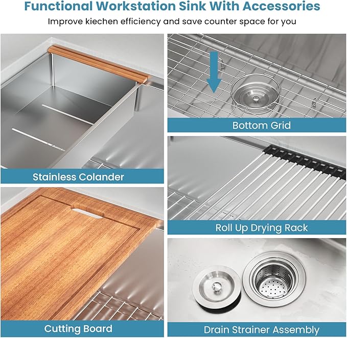 30-Inch Undermount Kitchen Sink - Stainless Steel Single Bowl Workstation With Ledge, 16 Gauge, Single Bowl Kitchen Sink with Accessories (30 x 19 x 10 Inch)