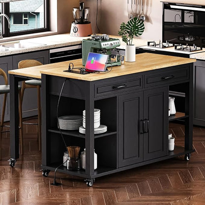 Modern Dining Table Kitchen Island 47 Inch Extendable with Rack Power Outlet Rubber Wood Veneer Adjustable Sturdy Stable Easy Clean Counter Console Luxury,Black-MDF