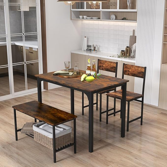 Giantex Dining Table Set for 4, Kitchen Table with Bench and Chairs, Industrial Gathering Bench Dining Set W/Metal Frame & Storage Rack, Dinette Set, Modern Functional Desk Set (Rustic Brown)