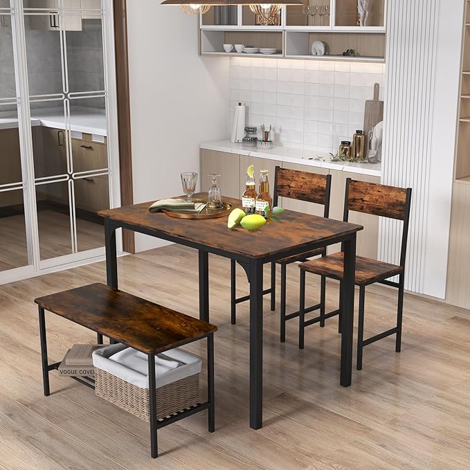LDAILY Dining Table Set for 4, 4-Piece Wooden Kitchen Table and Chairs with Bench, Storage Rack & Metal Frame, Industrial Dining Room Table Set of 4 for Small Space, Apartment, Kitchen (Teak)