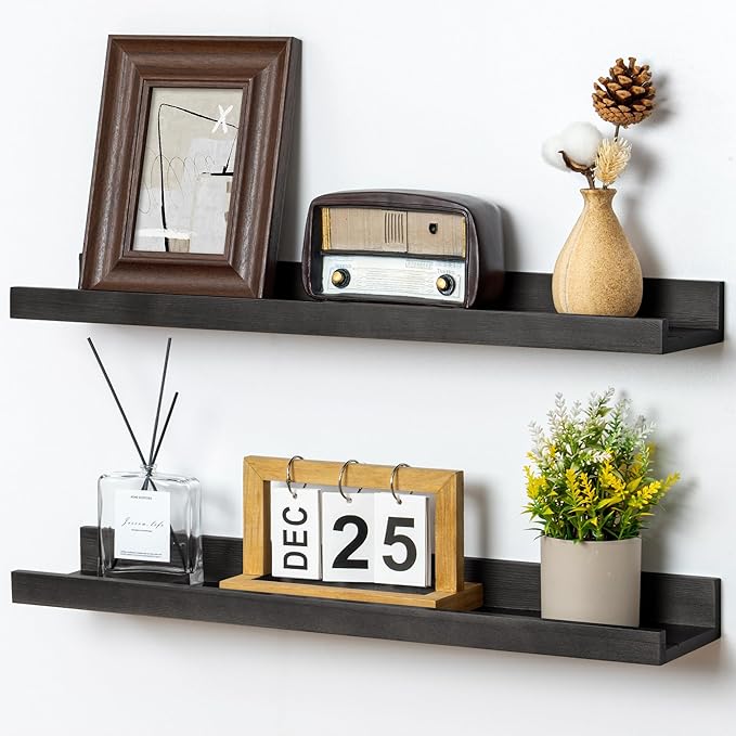 FLYJOE Picture Ledge Shelf for Wall, 24 inch Solid Ash Wood Nursery Book Shelves 2 Packs, Floating Shelves for Kids' Room Bedroom Bathroom Living Room Photo Frames Office Nursey Wall Decor, Black