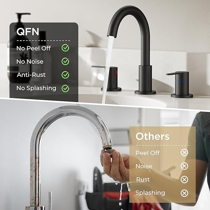 QFN Matte Black Bathroom Faucets 3 Hole, 8 Inch Widespread Vanity Sink Faucet with Aerator, 2 Handle 360° Swivel High Arc Spout, Spot-Free Finish, cUPC NSF Certified and CEC & DOE Compliant