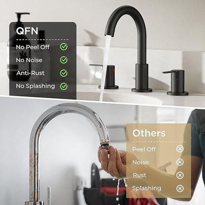 QFN Matte Black Bathroom Faucets 3 Hole, 8 Inch Widespread Vanity Sink Faucet with Aerator, 2 Handle 360° Swivel High Arc Spout, Spot-Free Finish, cUPC NSF Certified and CEC & DOE Compliant