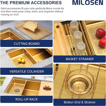 MILOSEN 32 Inch Gold Undermount Kitchen Sink, 32" x 18" Gold Workstation Sinks, Stainless Steel Single Bowl Sink with Custom Accessories, Modern Under Counter Design, 9'' Large and Deep Kitchen Sinks