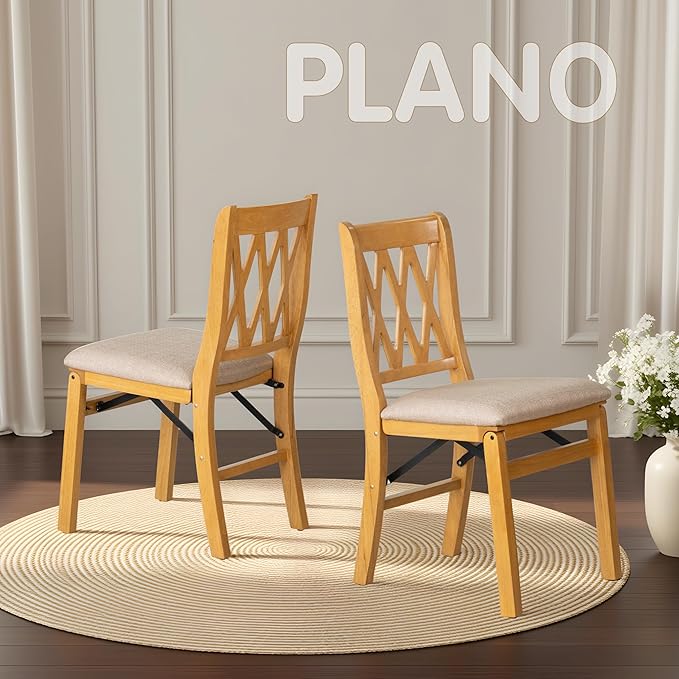East West Furniture - PNC-OAK-03, A Solid Wood Plano Folding Dining Room Chairs with PU Leather Seat, 3-X Back Design, No Assembly Required, Set of 2, Oak Wood Finish