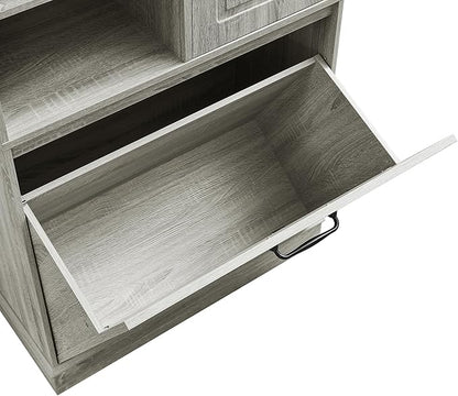 68" Tall Bathroom Storage Cabinet with Two Doors and Laundry Hamper for Home Display Organizer, Adjustable Shelf, Oak
