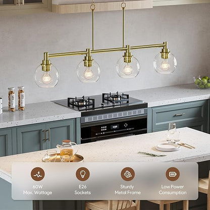 VONLUCE Dining Room Light Fixture Over Table, 4-Light Kitchen Island Lighting with Round Glass Shades & Adjustable Hanging Heights, Linear Chandlier for Dining Room Kitchen, Gold, ETL Certificated