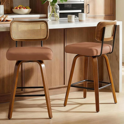 Swivel Bar Stools Set of 2, 26" Upholstered Counter Height Bar Stools with Rattan Back and Bent Walnut Wood Legs, Faux Leather Modern Barstools for Kitchen Island,Rattan Brown