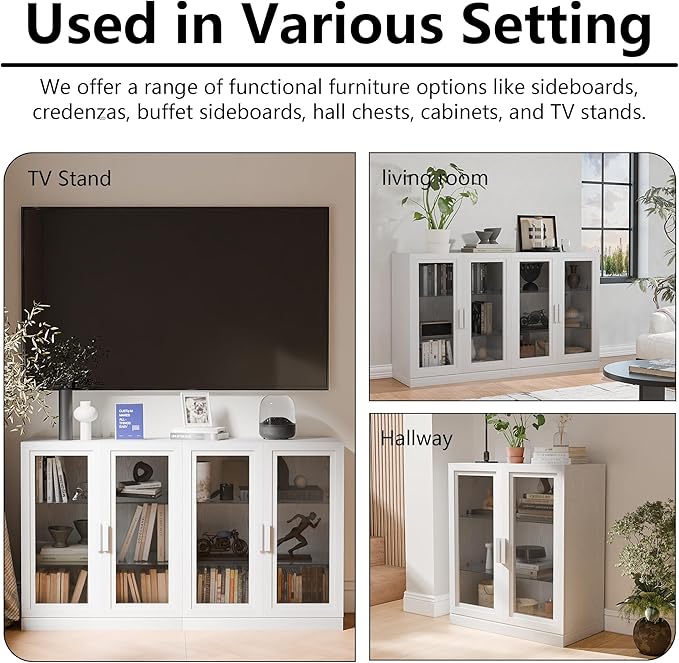 Casaphoria Adam Sideboard Buffet Cabinet with Storage, Display Cabinet with Glass Doors & Adjustable Shelves, 62" W x 31" H Buffet Cabinet for Entryway Kitchen Living Room, White