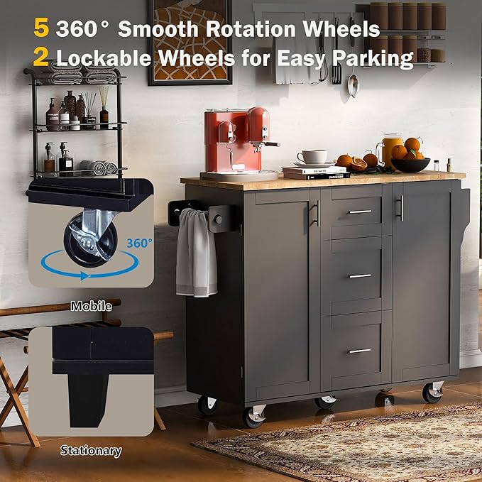 Rolling Kitchen Island with Storage, Kitchen Cart with Rubber Wood Top,3 Drawer,2 Slide-Out Shelf and Internal Storage Rack, Kitchen Island on Wheels with Spice Rack & Tower Rack (Black~09)
