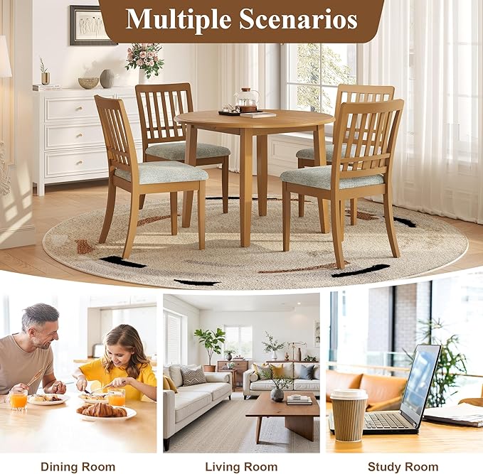 3-Piece Drop Leaf Round Dining Table Set for 2, Farmhouse Kitchen Table Set with Extendable Round Table and 2 Upholstered Chairs. Wood Table and Chairs Set for Dining Room, Living Room, Light Brown