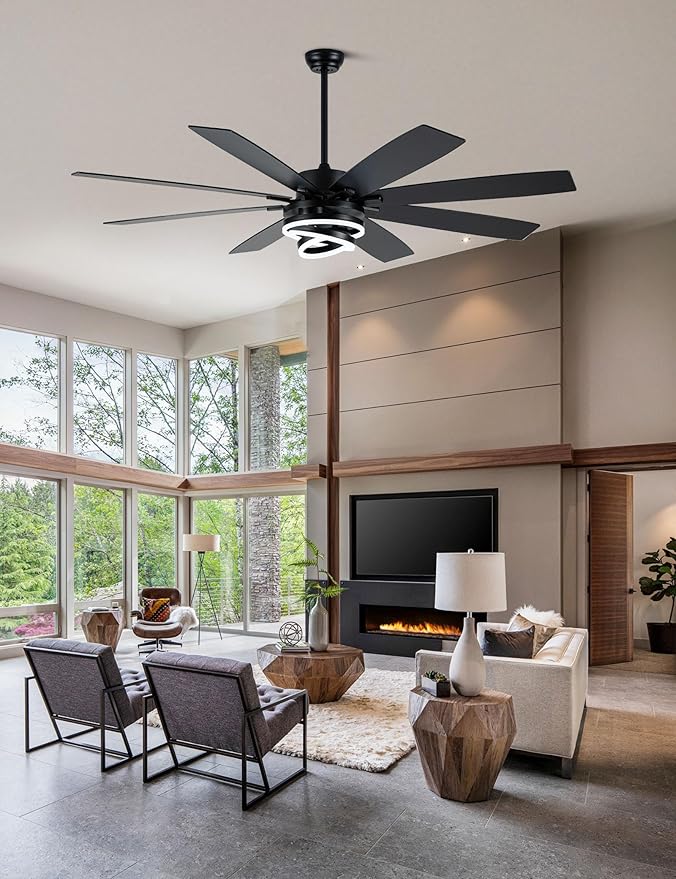 Black 72 Inch Ceiling Fans with Lights and Remote Reversible Quiet DC Motor 6 Speed LED Big Large Modern Chandelier Ceiling Fans for Living Room Bedroom