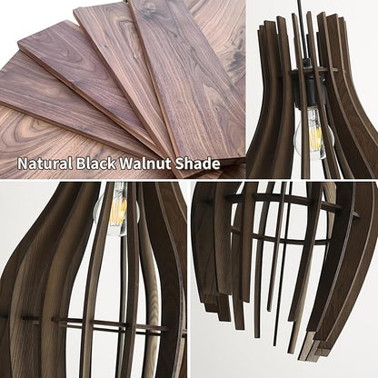 Wood Pendant Light Fixture, Hand-Woven Chandeliers Ceiling Lighting, Farmhouse Basket Cylinder Lampshade Hanging Lamp for Dining Room, Kitchen Island, Entryway (Retro)