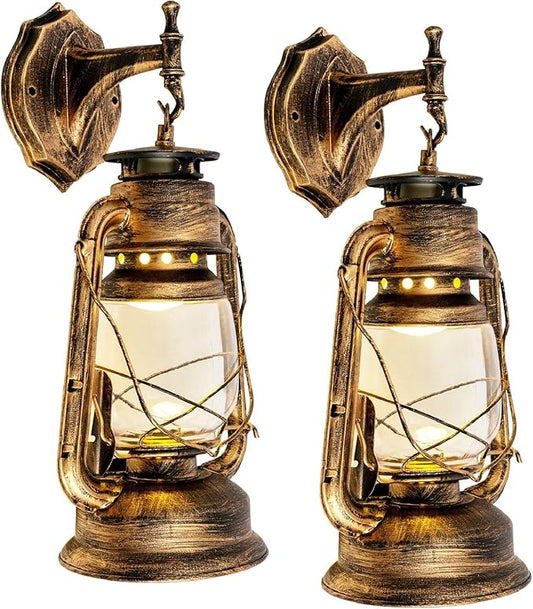 Rustic Wall Sconce Lantern Light, Set of 2 Vintage Wall Lamp, Industrial Wall Sconce, Farmhouse Wall Light Fixtures, Indoor Old Fashioned Lantern for Hallway Farmhouse Loft (Brass, 2pcs)