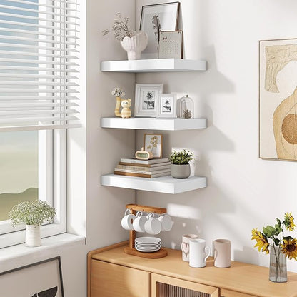 Fun Memories Wood Floating Shelves 16 Inch, 10 Inch Deep Shelves Wall Mount, Wall Shelves with Invisible Bracket, 16" Floating Shelves for Living Room Bathroom Bedroom, White, Set of 2