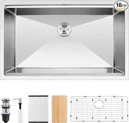 Herogo 33x19 Inch Undermount Stainless Steel Single Bowl Kitchen Workstation Sink, 10'' Deep Basin With Accessories