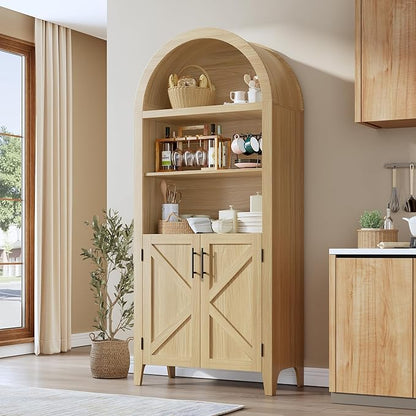 IDEALHOUSE Arched Kitchen Pantry Cabinet with Doors - 5-Tier Open Display Shelf with Nice Texture, Farmhouse Storage Cabinet for Kitchen, Dining Room, Living Room, Natural