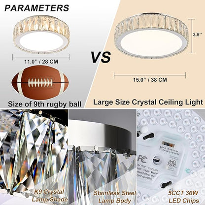 Dimmable Modern LED Crystal Flush Mount Ceiling Light Fixture,Luxury Chrome Round Lighting Fixtures,15 Inch 36W 5CCT 3000K-6000K Large Bedroom Chandelier for Hallway Kitchen Living Room