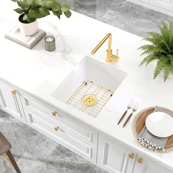Rhbamoa White Bar Sink 18 Inch,White Granite Composite Kitchen Sink 18''x16'',Undermount Small Wet Bar Sinks,Small Single Bowl Quartz Sinks with Accessories