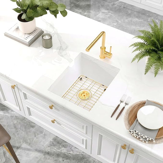 Rhbamoa White Bar Sink 18 Inch,White Granite Composite Kitchen Sink 18''x16'',Undermount Small Wet Bar Sinks,Small Single Bowl Quartz Sinks with Accessories