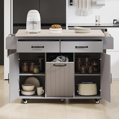 51.06" Mobile Kitchen Drop Leaf and Multipurpose Tilt-out Trash Can,Storage Cabinet w/Spice, Towel Rack & Drawer & Adjustable Shelf,Rolling Islands on Wheels,Grey, 50.25"