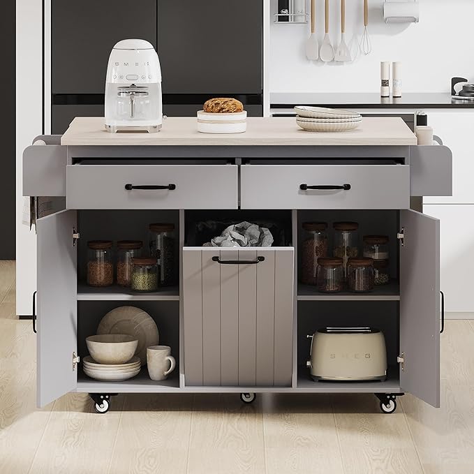 RUNNA Kitchen Island with Trash Can Storage Cabinet, Kitchen Cart with Drop Leaf, Spice Rack, Towel Rack and Drawer, Rolling Kitchen Island on Wheels with Adjustable Shelf (Grey~81)
