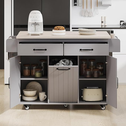 RUNNA Kitchen Island with Trash Can Storage Cabinet, Kitchen Cart with Drop Leaf, Spice Rack, Towel Rack and Drawer, Rolling Kitchen Island on Wheels with Adjustable Shelf (Grey~81)