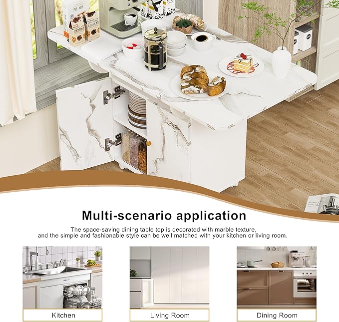 47" Folding Dining Table with Storage & Wheels - White Marble Texture, Multi-Functional Kitchen Island, Desk, Coffee Table, Space-Saving & Easy Assembly