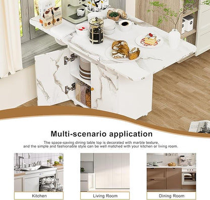 47" Folding Dining Table with Storage & Wheels - White Marble Texture, Multi-Functional Kitchen Island, Desk, Coffee Table, Space-Saving & Easy Assembly