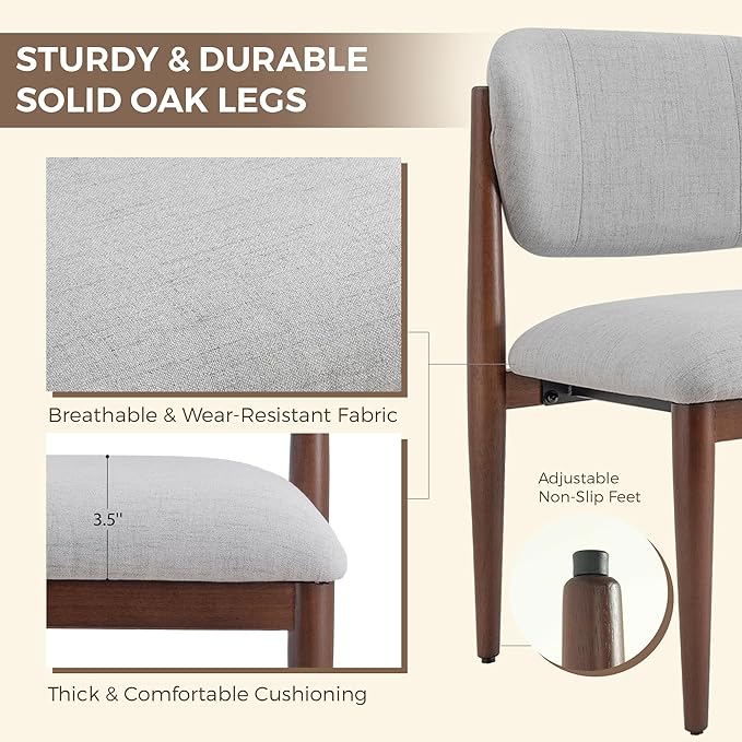 Casaphoria Dining Chairs Set of 2, Solid Walnut Wood Legs Upholstered Kitchen Chairs, Mid Century Modern Ergonomic Curved Back Accent Chair for Dining Room, Home Office and Vanity, Gray