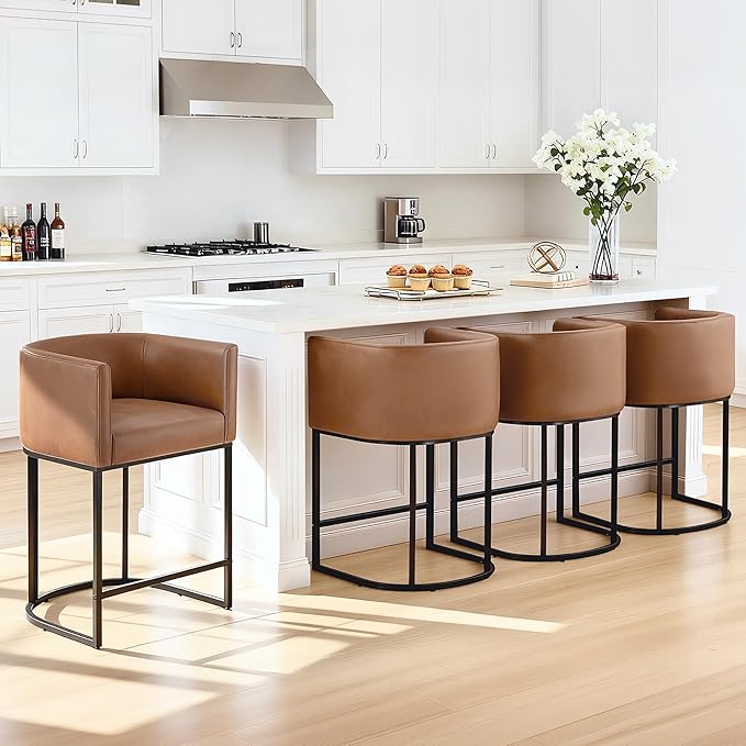 24" Counter Height Bar Stools Set of 4, Modern Barrel Counter Stools with Backrest and Arms, Faux Leather Upholstered Accent Barstools with Metal Legs for Kitchen Island,Brown