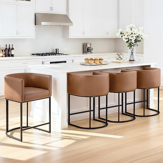 24" Counter Height Bar Stools Set of 4, Modern Barrel Counter Stools with Backrest and Arms, Faux Leather Upholstered Accent Barstools with Metal Legs for Kitchen Island,Brown