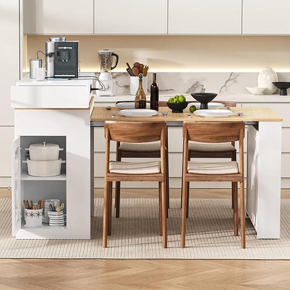 GDFStudio Horizon 57.7" Extendable Dining Table with Folding Top, Kitchen Island with Power Outlet and Drawers, Rolling Bar Table with Glass Door and Storage Shelves, Creamy White & Natural